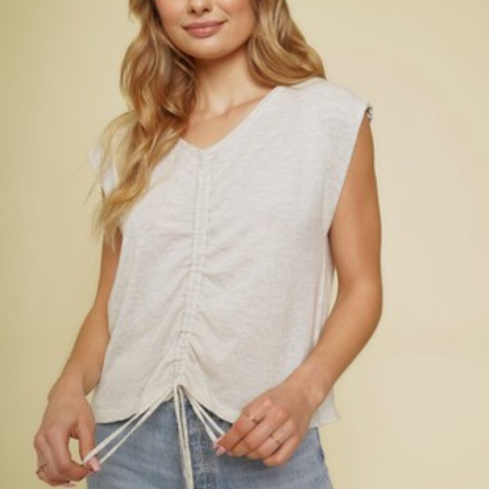 MYSTREE Light Oatmeal Drawstring Front Top | Soft Knit Cap Sleeve Tee